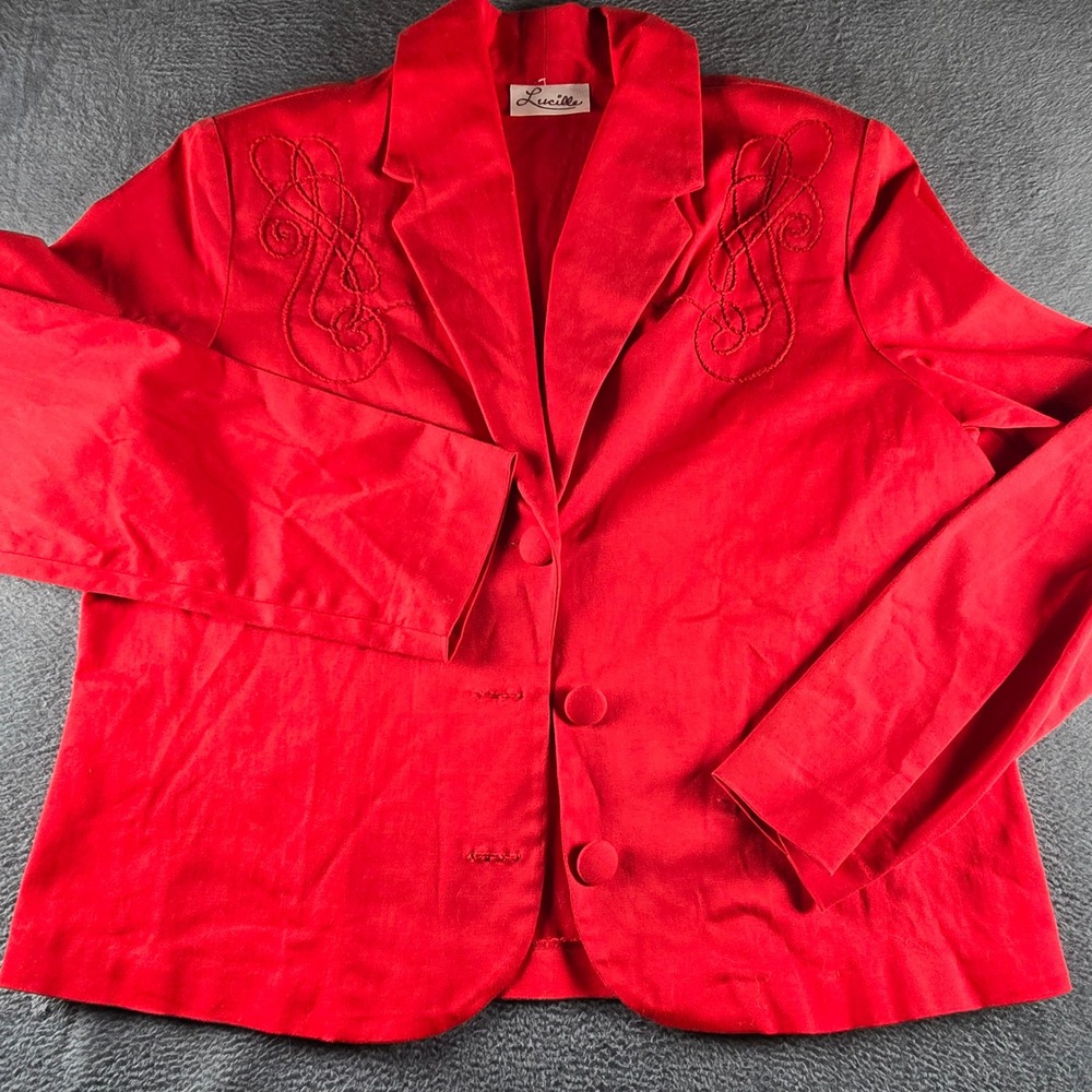 Vintage Lucille Red Cotton Twill Embroidered Blazer Jacket Sz L 21x22.5